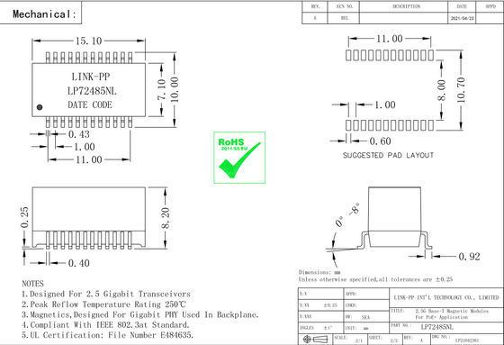 Basis-t PoE+ Lan Magnetic Modules LP72485NL QT24A154P 2.5G